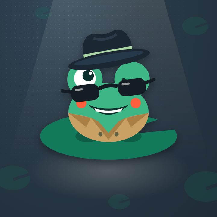 Agent Leap, the PadLeaders secret-agent frog, in a fedora and sunglasses on a lily pad
