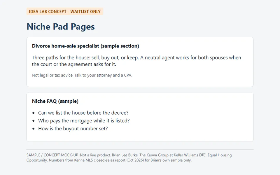 Niche Pad Pages: screenshot of a sample we built