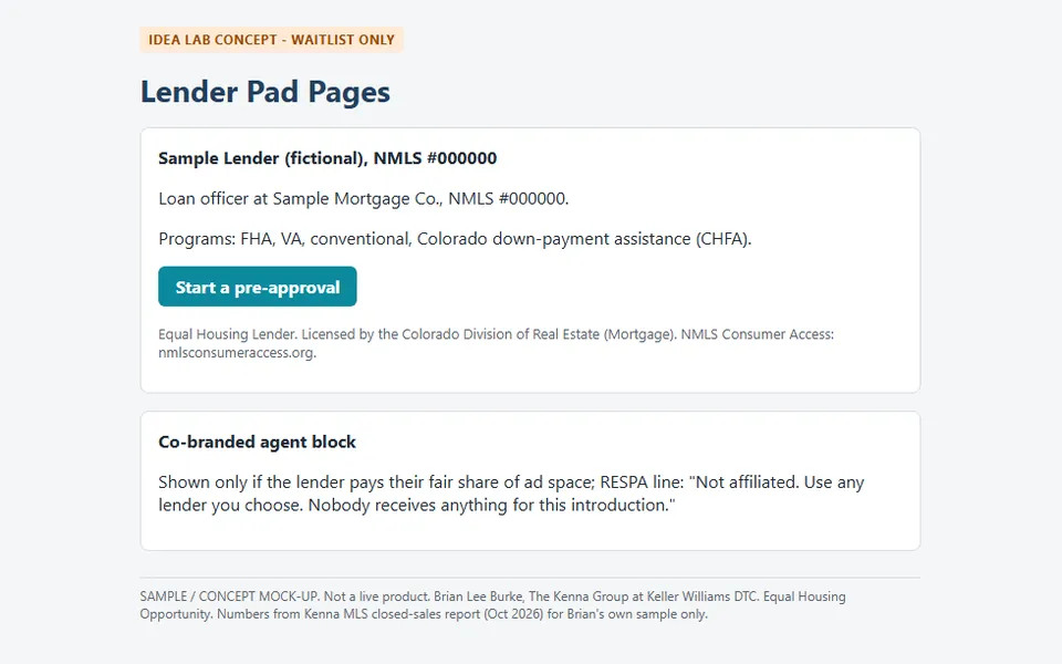 Lender Pad Pages: screenshot of a sample we built