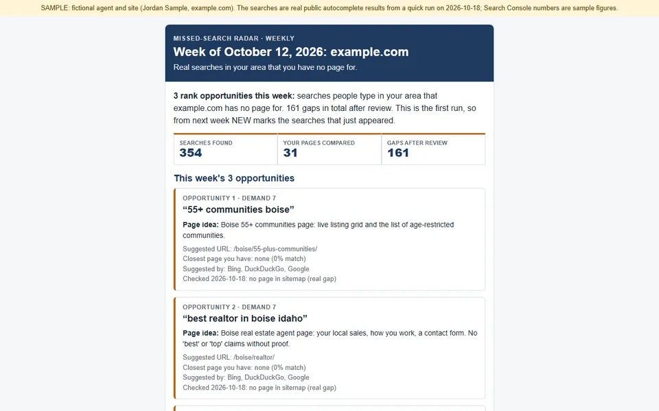Missed-Search Radar: screenshot of a sample we built