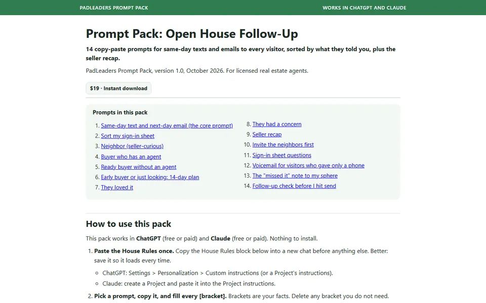 Prompt Pack: Open House Follow-Up: screenshot of a sample we built